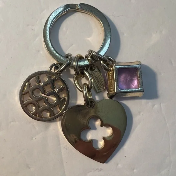 Coach Purple Gemstone Heart Crystal Pave Gold Keychain Fob Vintage
